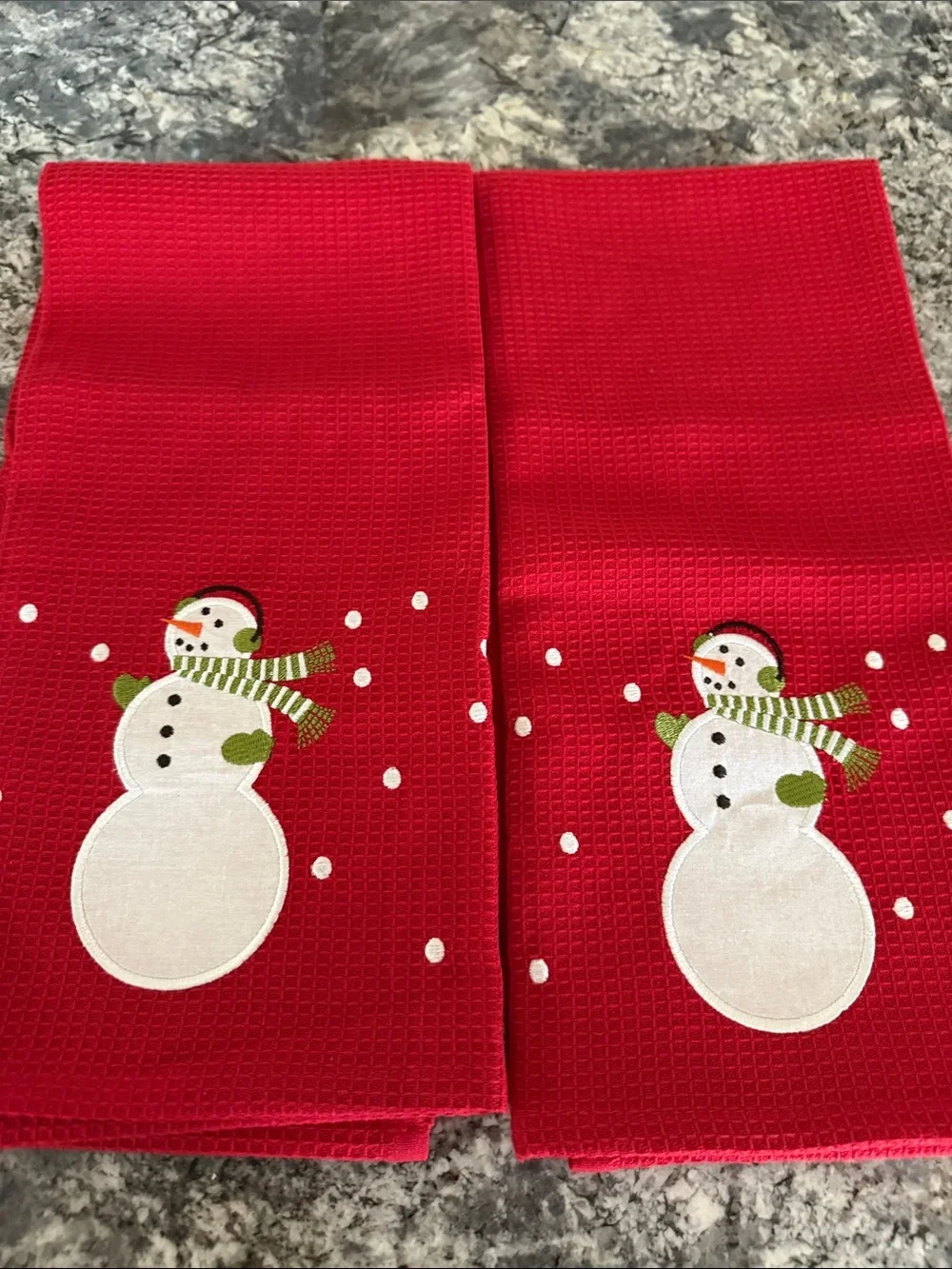Crate&Barrel Red Snowman Waffle-Weave Holiday Towels - Set of 2